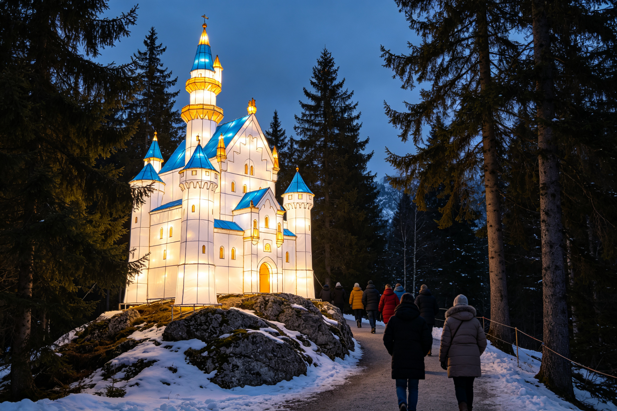 White and blue fairy tale castle lantern on rocky hill with snow