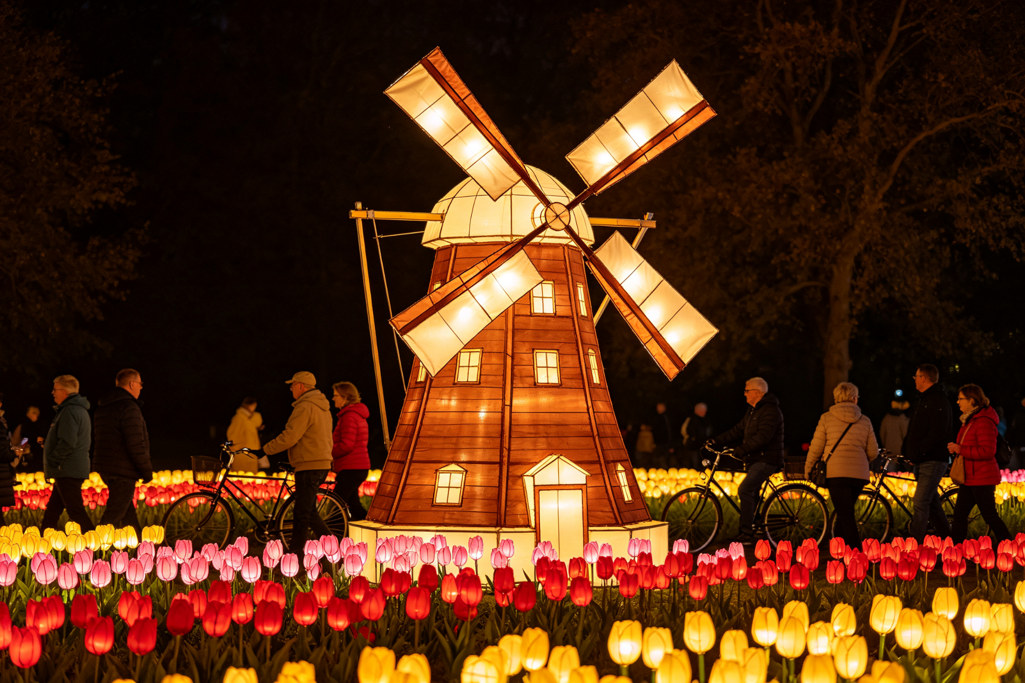 Brown windmill lantern in tulip field with visitors and bicycles
