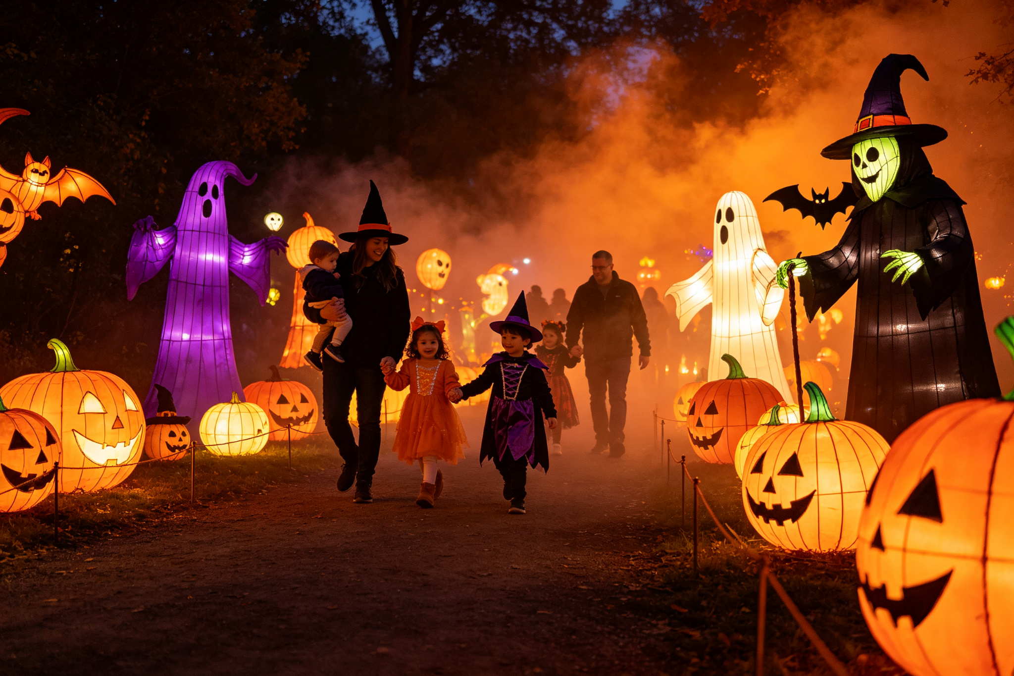 Pumpkin and ghost lanterns with families in costumes