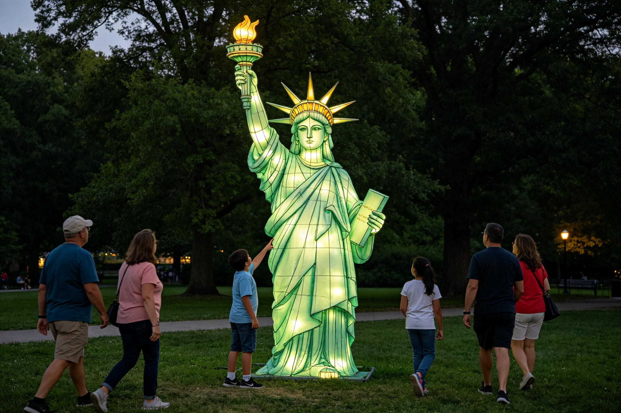 Green Statue of Liberty lantern with families walking around