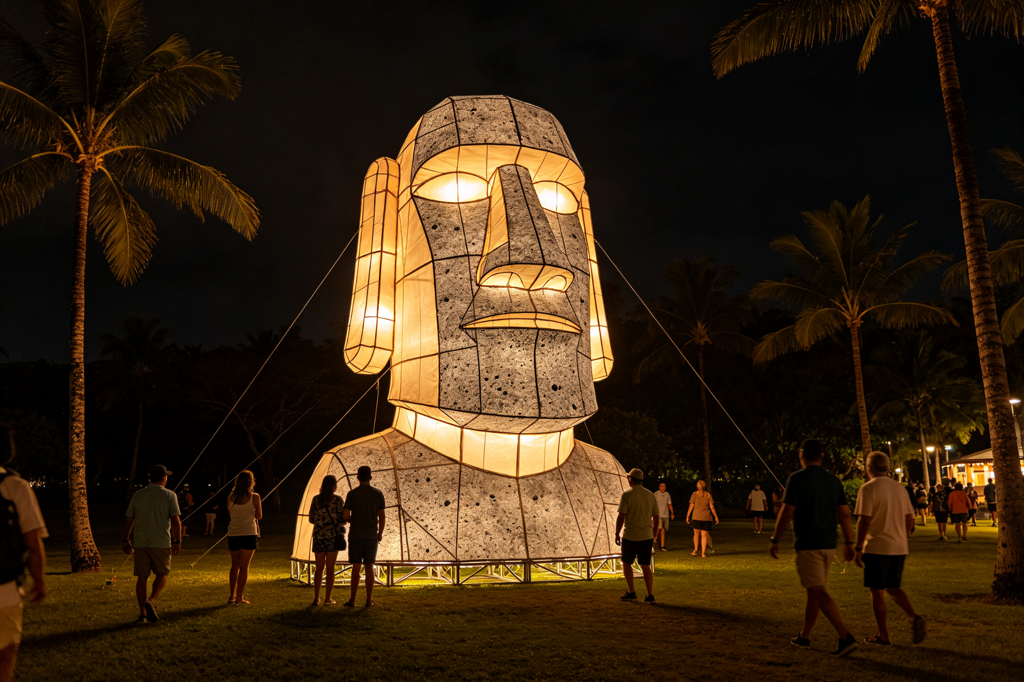 Gray Moai head lantern with palm trees and visitors for scale