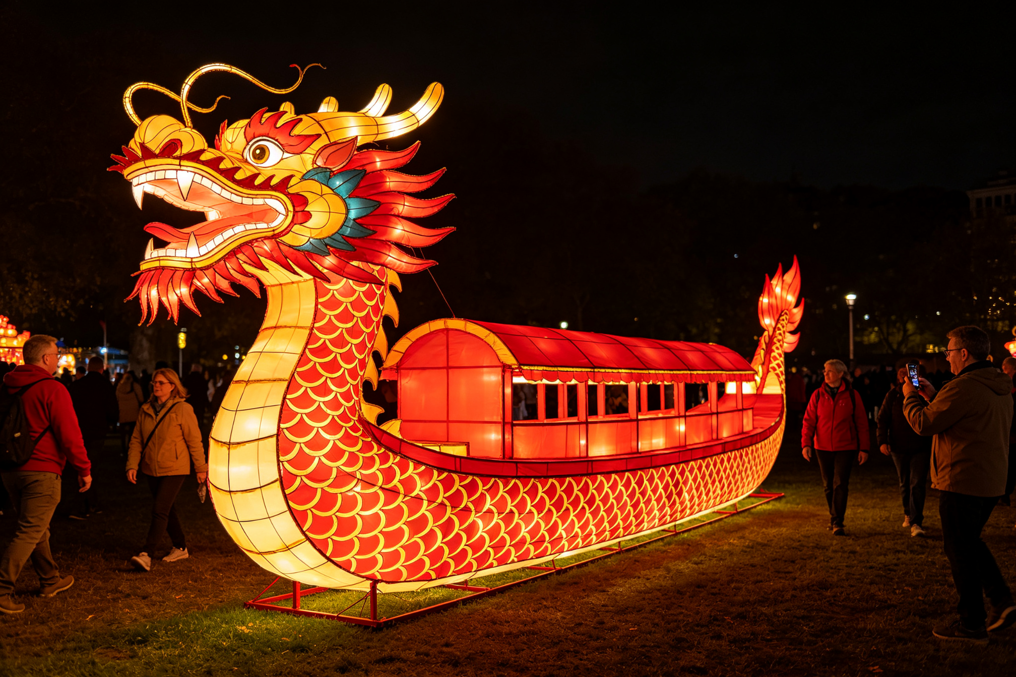 Red and gold dragon boat lantern on grass with visitors around