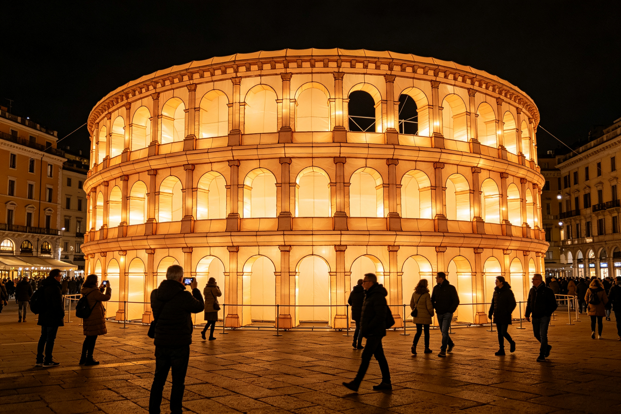 Sandstone Colosseum lantern with visitors walking around plaza