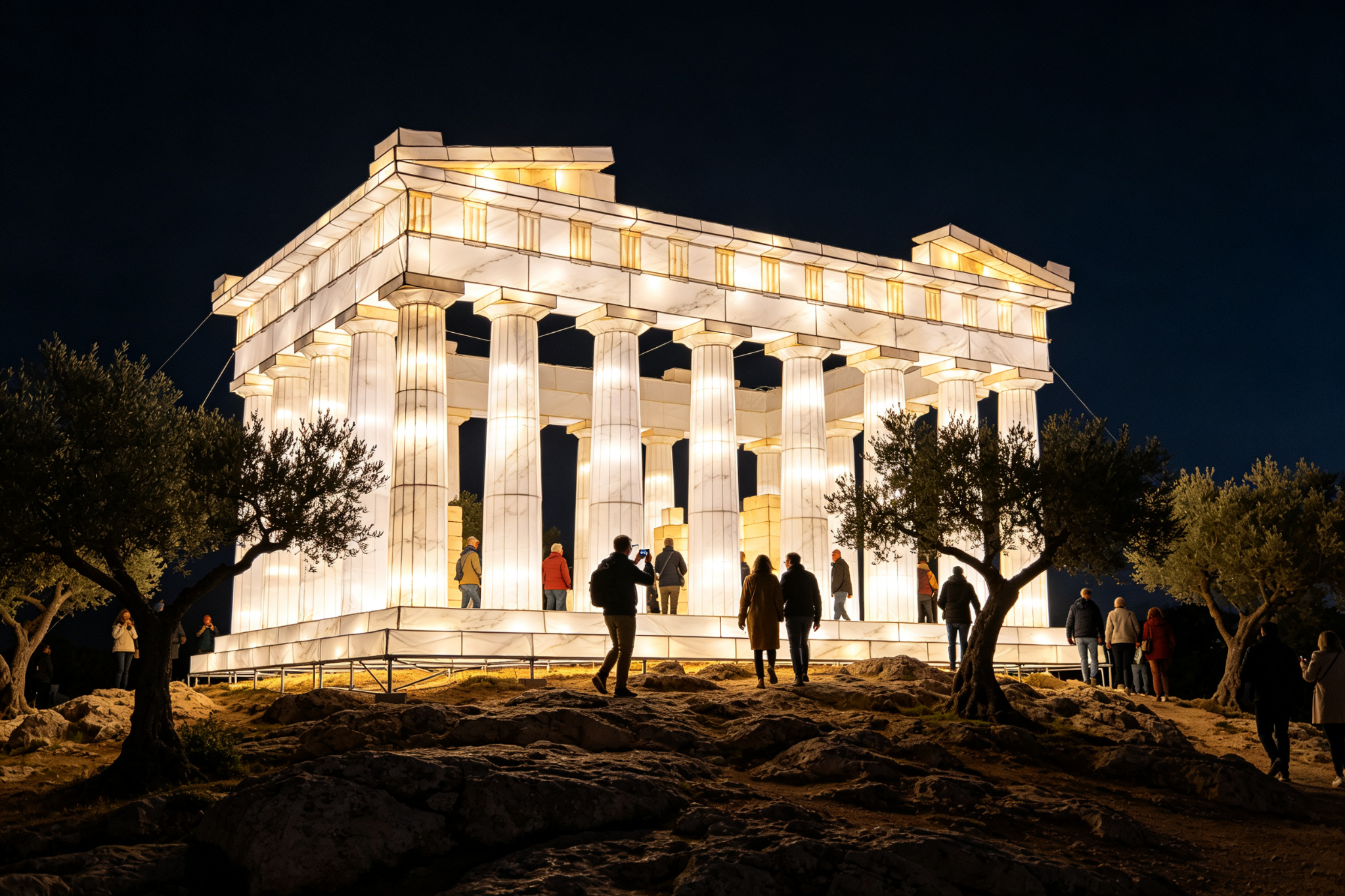 White marble Parthenon lantern on rocky hill with olive trees