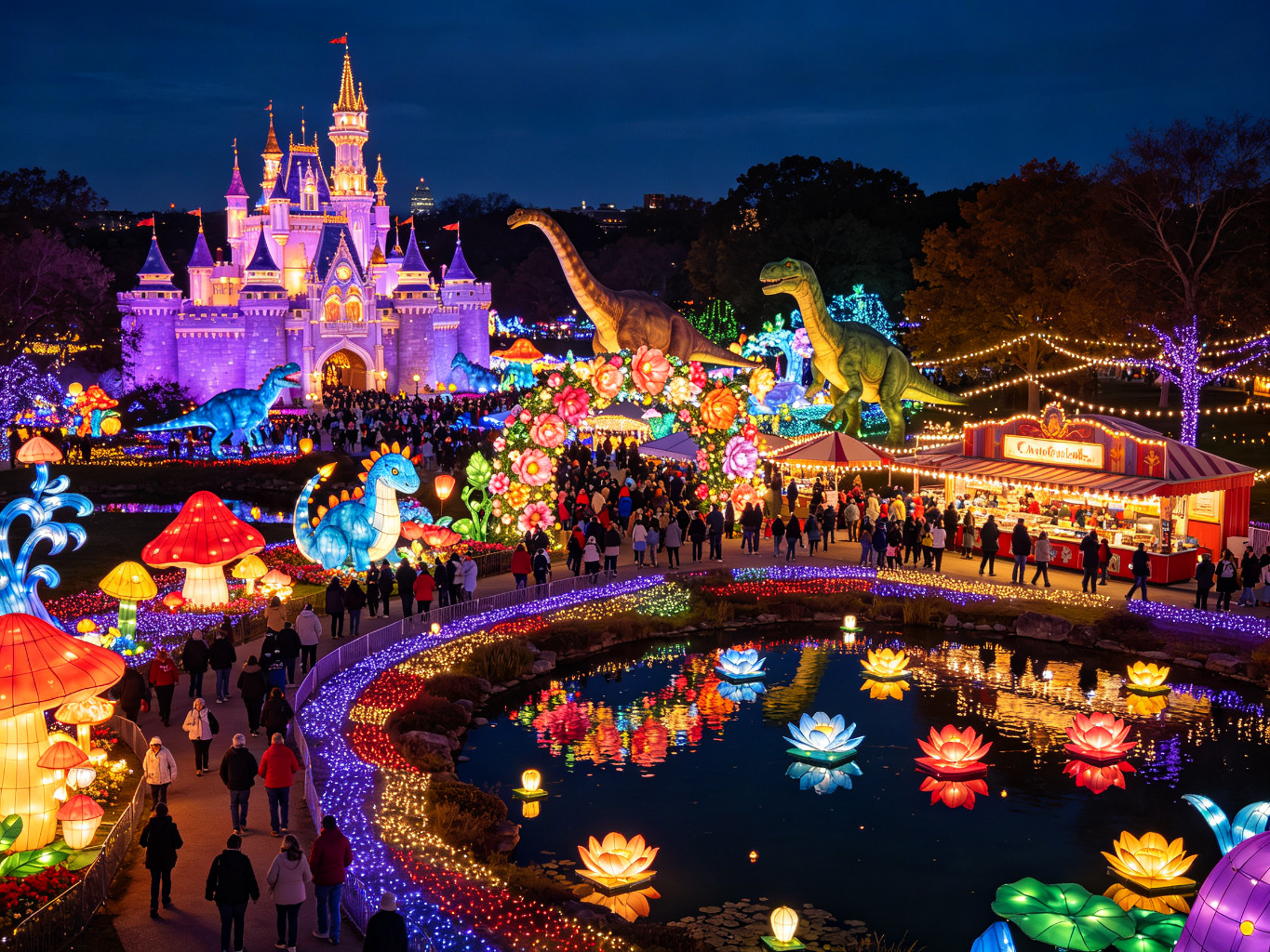 Complete custom lantern festival event with multiple themed zones including fantasy castle, animal displays, floral archways, and thousands of visitors