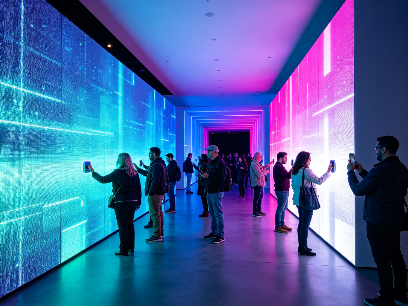 Contemporary light art installation exhibition with hanging LED matrices, responsive light walls, and immersive projection tunnels at a modern art museum