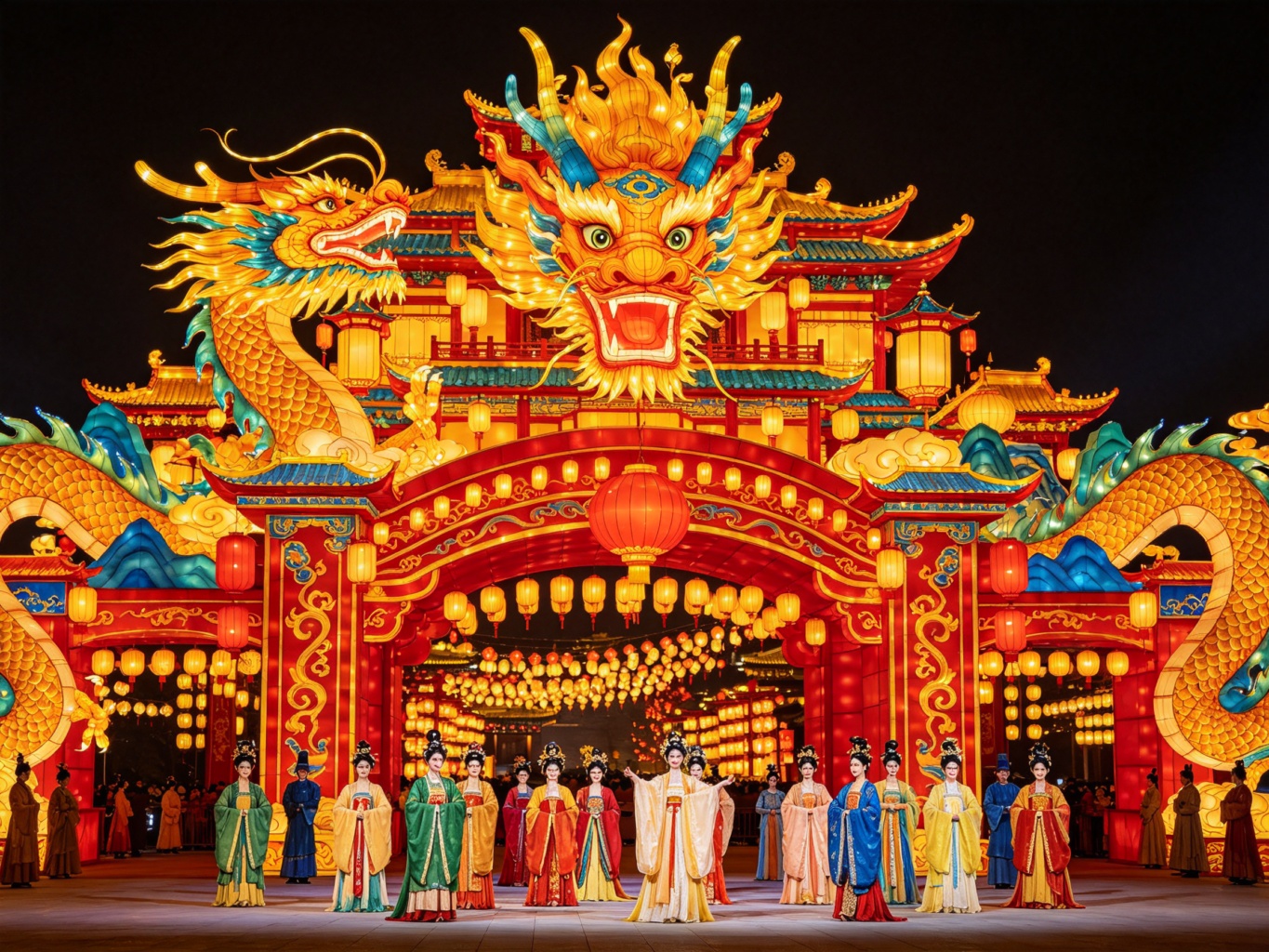 Grand Chinese lantern show with giant dragon lantern, palace lantern arches, and performers in traditional Hanfu costumes