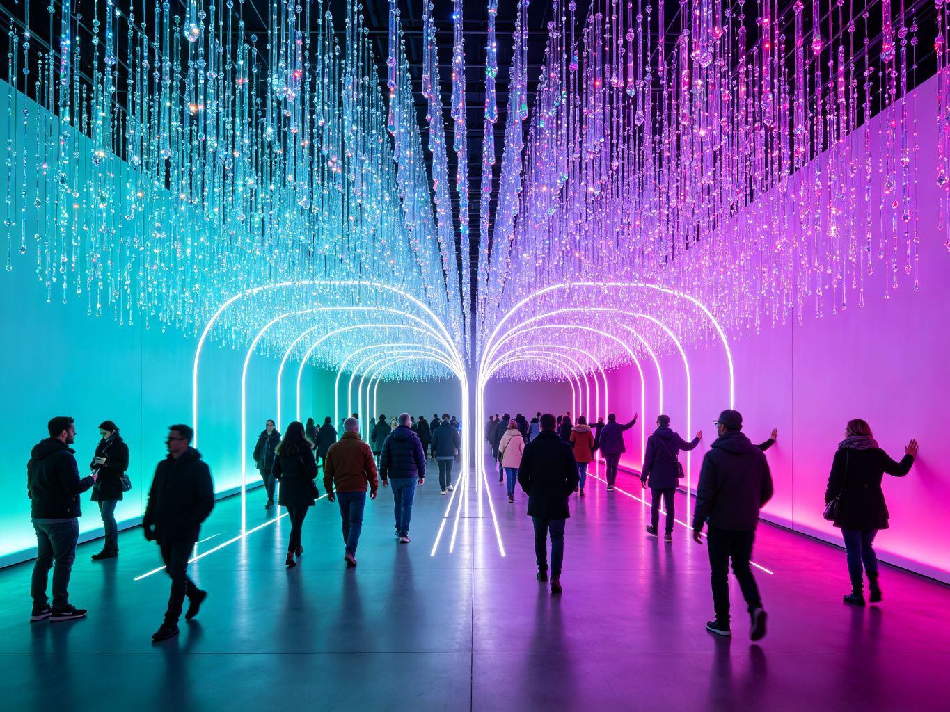 Interactive light art installation with hanging LED strands and responsive light panels at a contemporary art exhibition