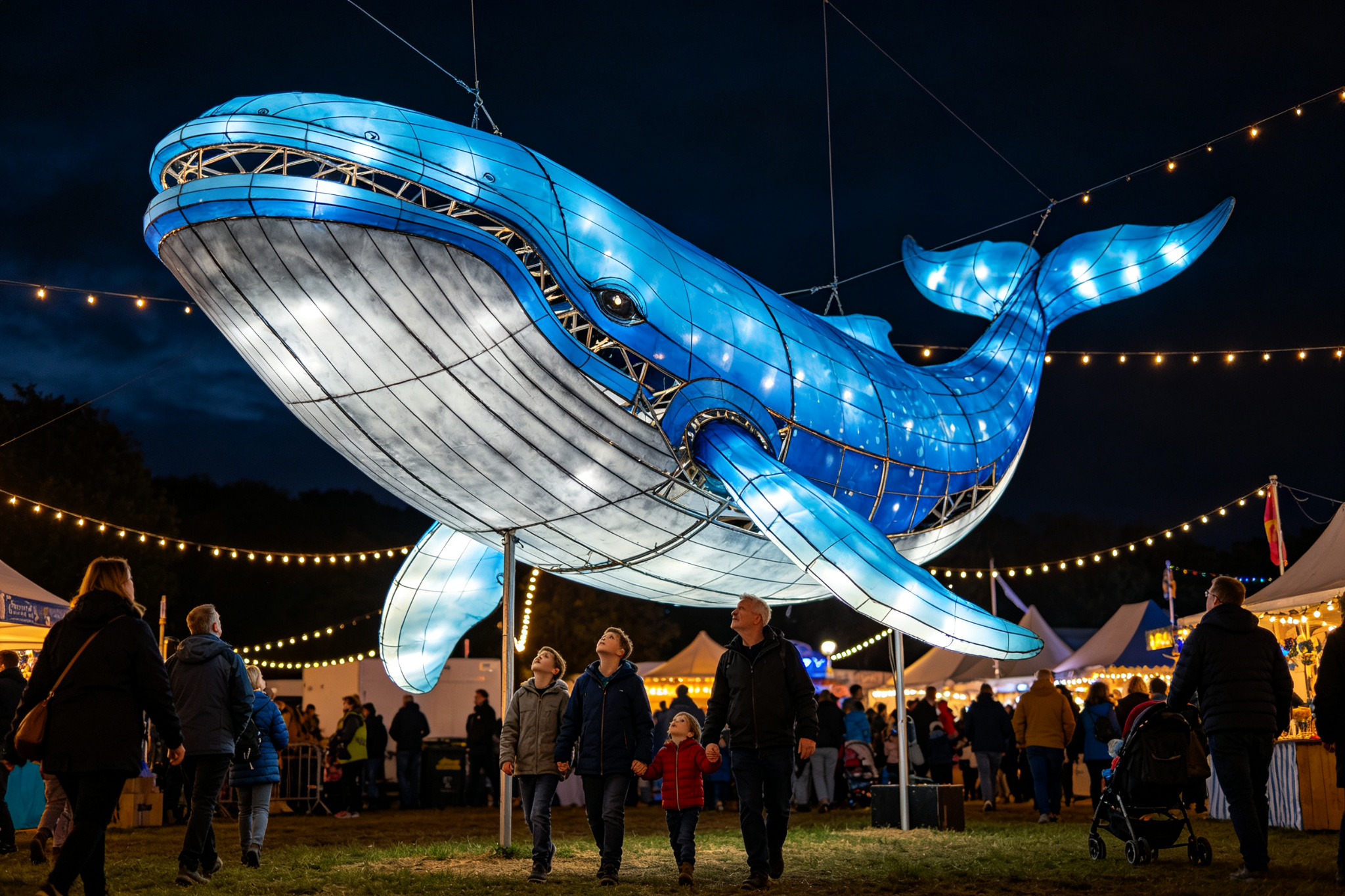 Large blue whale lantern suspended above festival walkway with families underneath