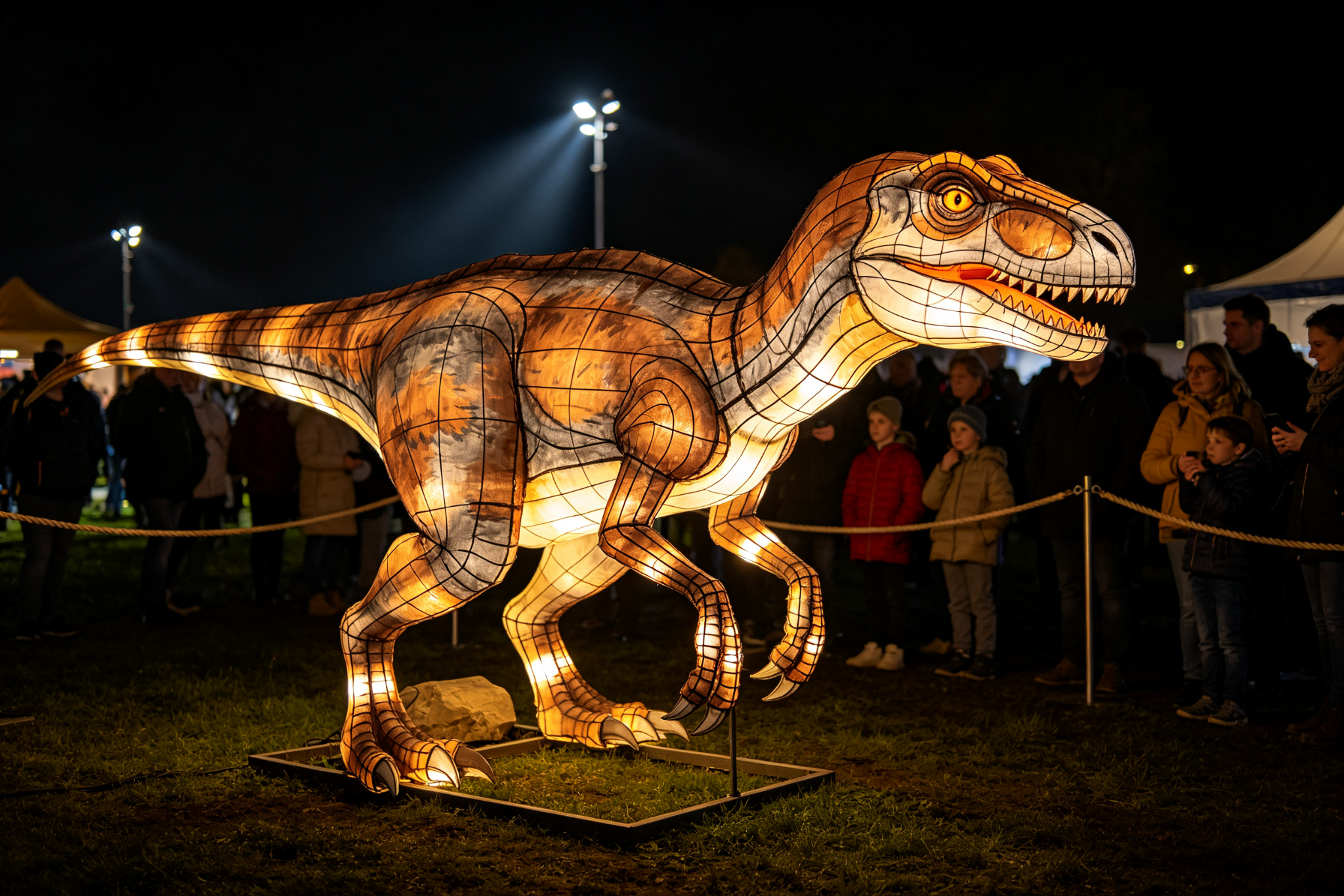 Brown and gray Velociraptor dinosaur lantern with steel frame at exhibition with visitors