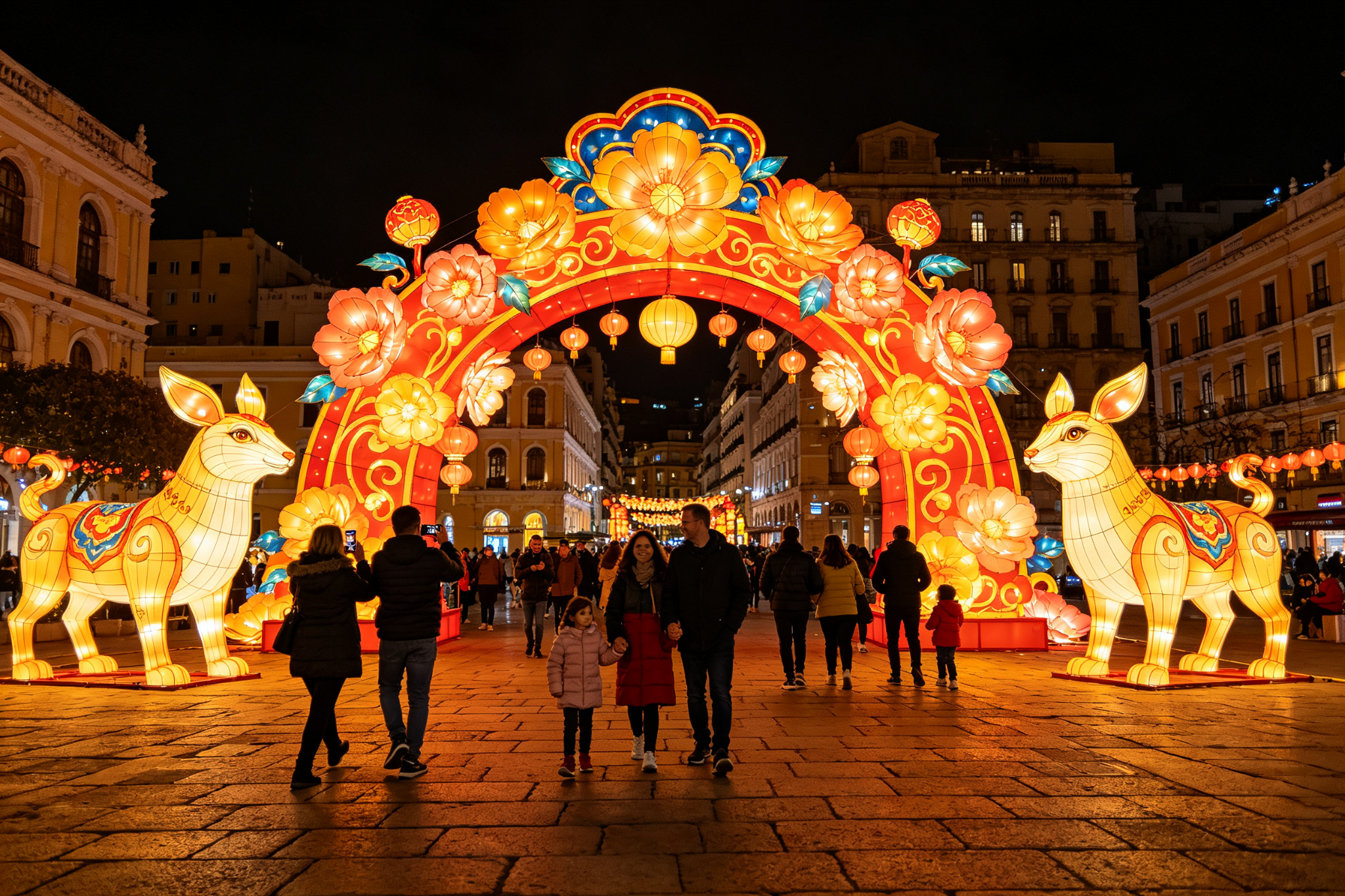 Large lantern archway and animal lanterns in city plaza with families