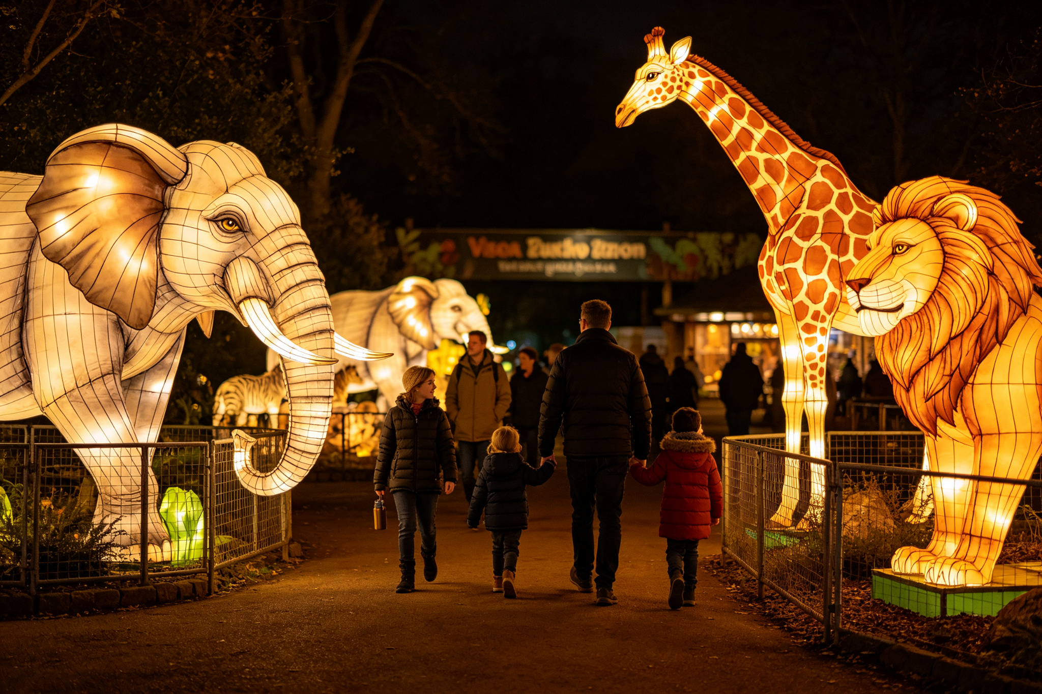 Animal lanterns near enclosures with families walking through