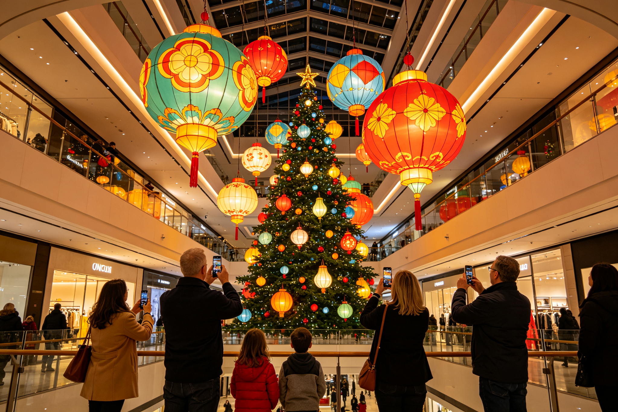 Colorful hanging lanterns and Christmas tree in mall atrium