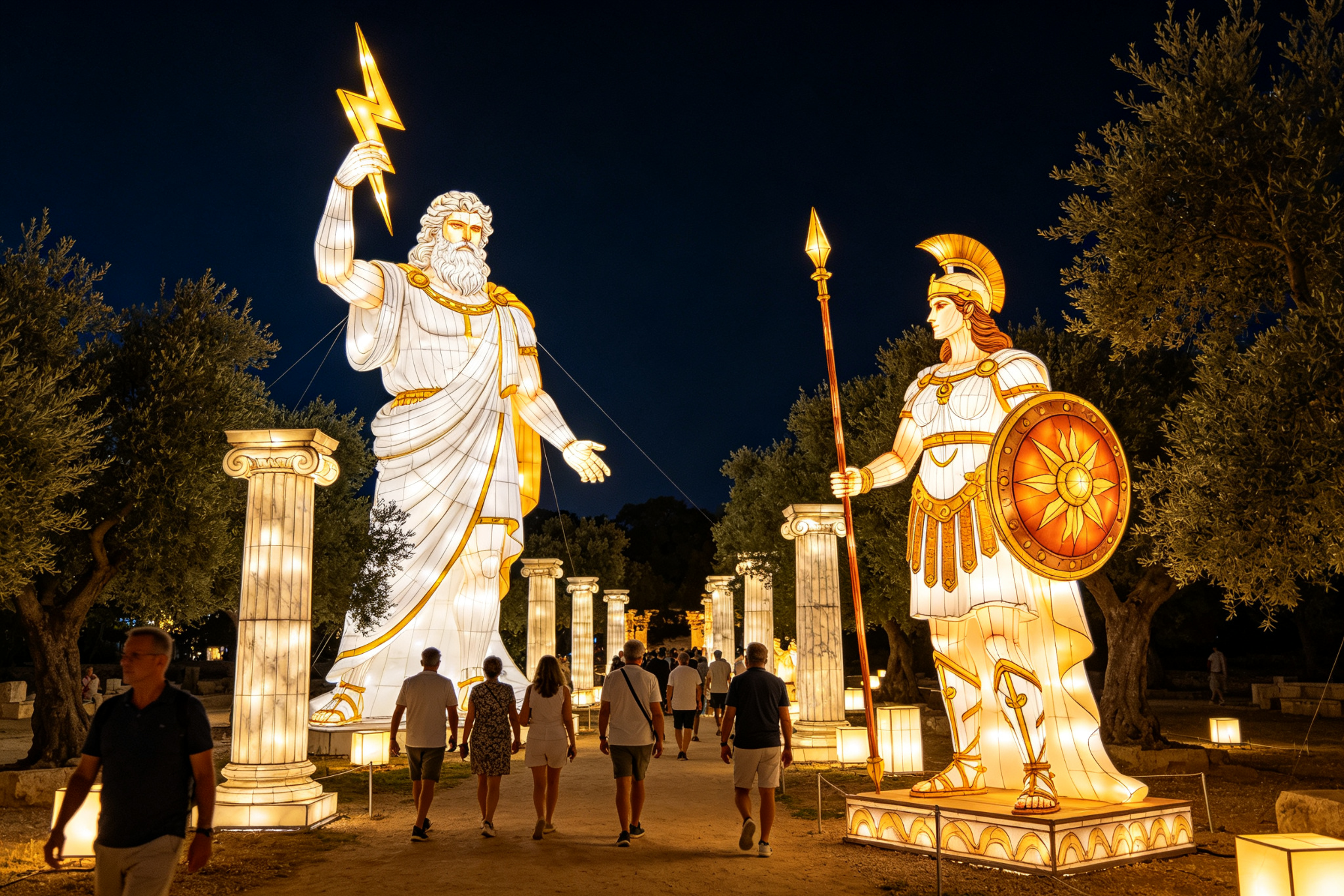 Zeus and Athena lanterns among marble columns with visitors