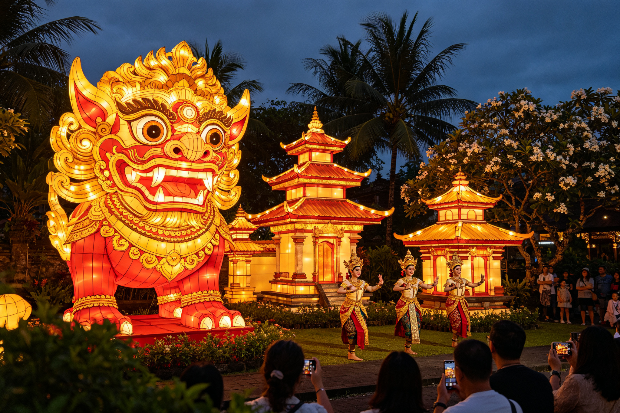 Barong mask and temple lanterns with Balinese dancers performing