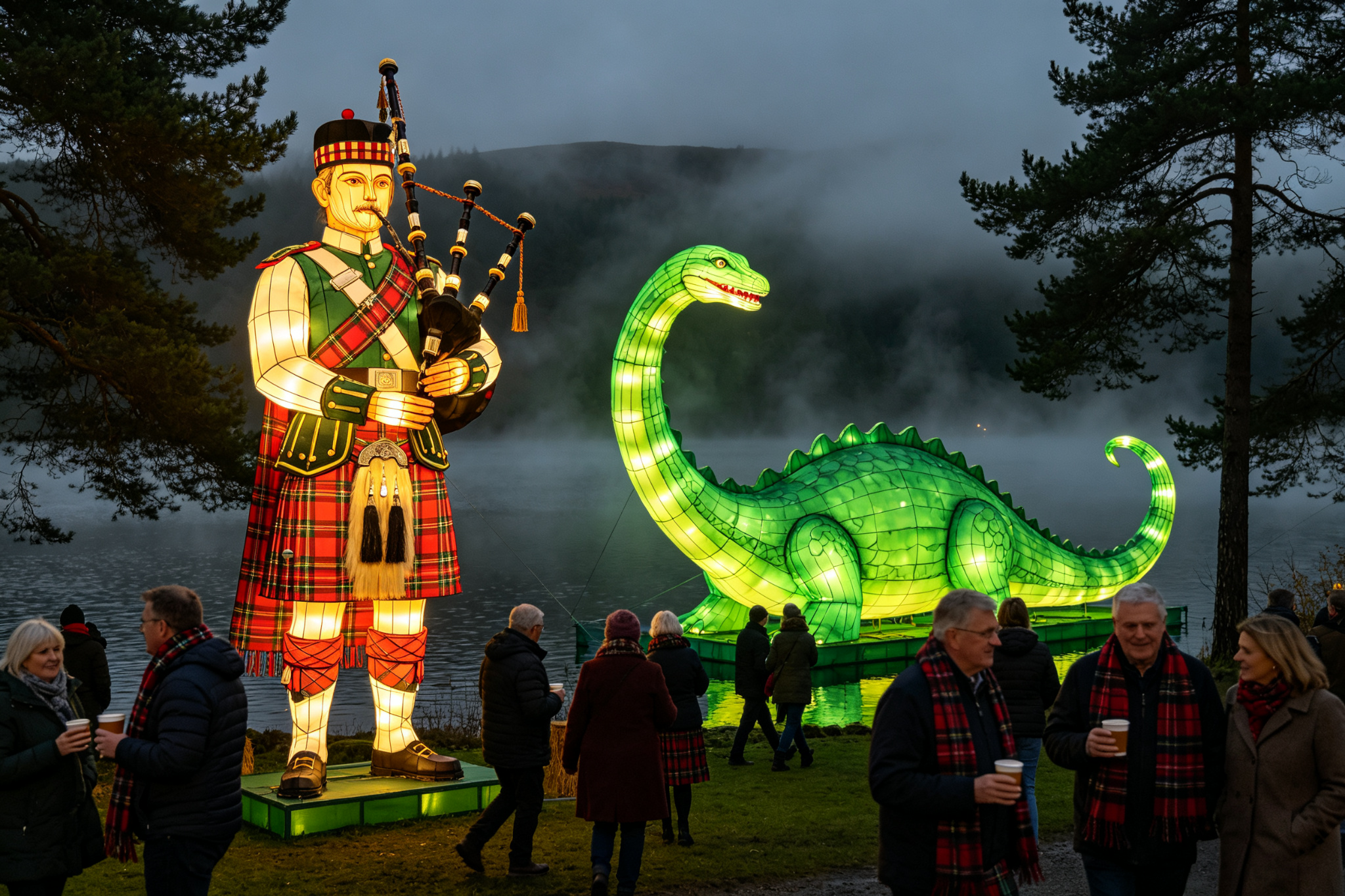 Bagpiper and Loch Ness Monster lanterns by misty loch